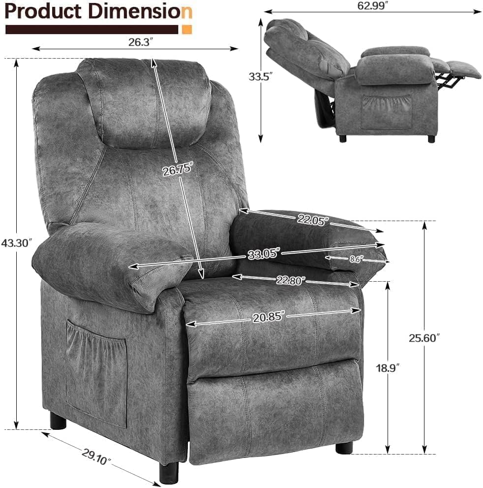 PushBack Massage Recliner Chair with Heat Small Reclining Single Sofa Grey