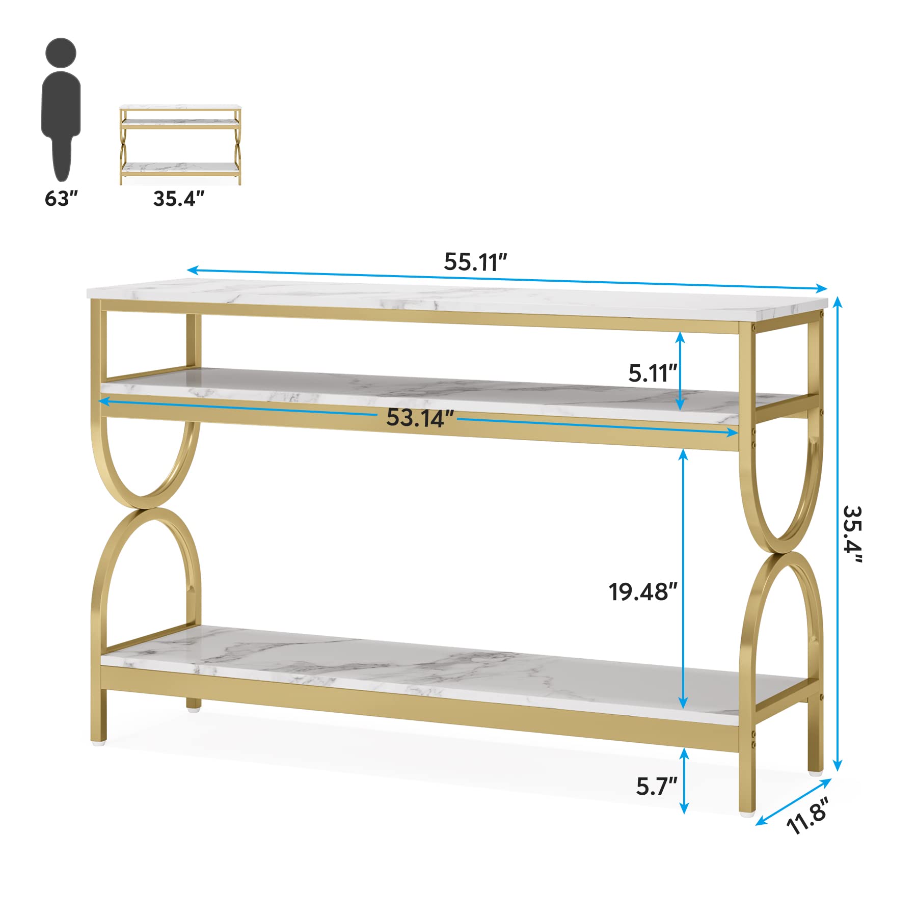 Tribesigns 3-Tier Console Table, 55 inch Sofa Table with Open Storage Shelves, Narrow Long Hallway/Entryway Table with Faux Marble Top for Home Living Room Entryway, White & Gold