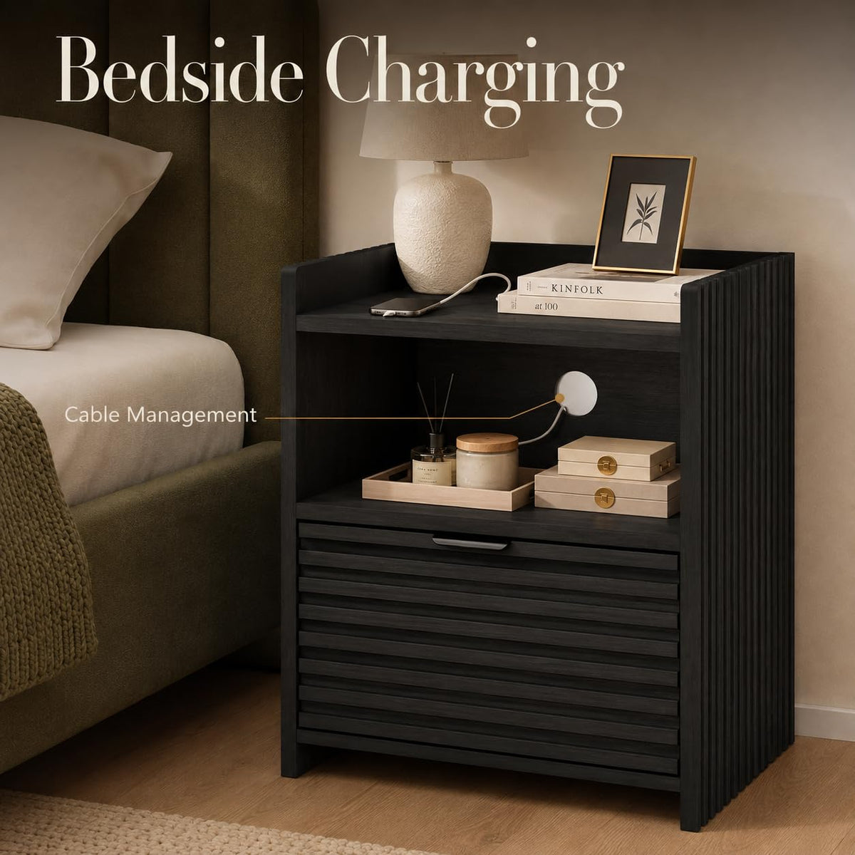 Black Fluted Nightstand with Drawer