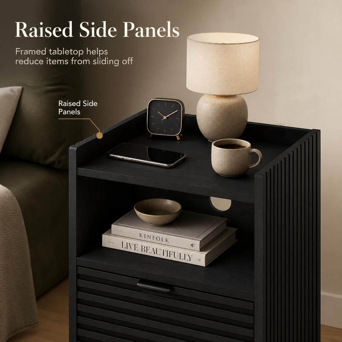 Black Fluted Nightstand with Drawer