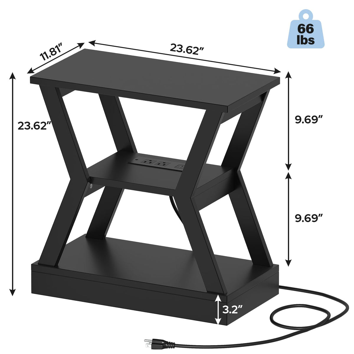 23.6" End Table with Charging Station Set of 2, 3-Tier Nightstand with USB Ports and AC Outlets, Small Space Side Tables for Living Room, Bedroom, or Couch, 3 Tier End Tables with Storage Shelf, Black