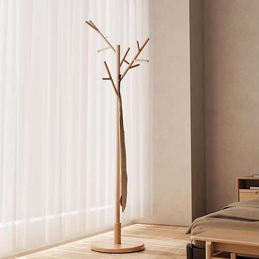 Freestanding Wood Coat Rack with 12 Hooks