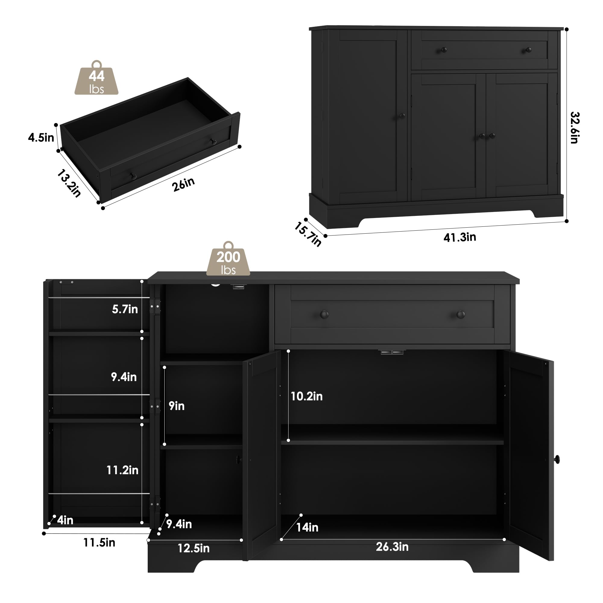HOSTACK Buffet Cabinet with Storage, Modern Sideboard Buffet with Doors, Wood Coffee Bar Kitchen Storage Cabinet with Drawer and Adjustable Shelf for Kitchen, Dining Room, Living Room, Black