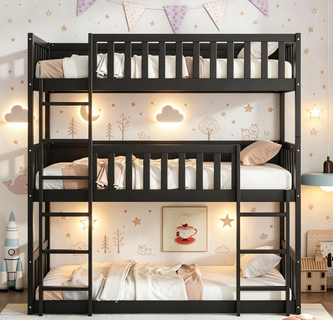 Bellemave Twin Over Twin Over Twin Triple Beds for 3 Kids, Wood 3 Bunk Beds, Espresso