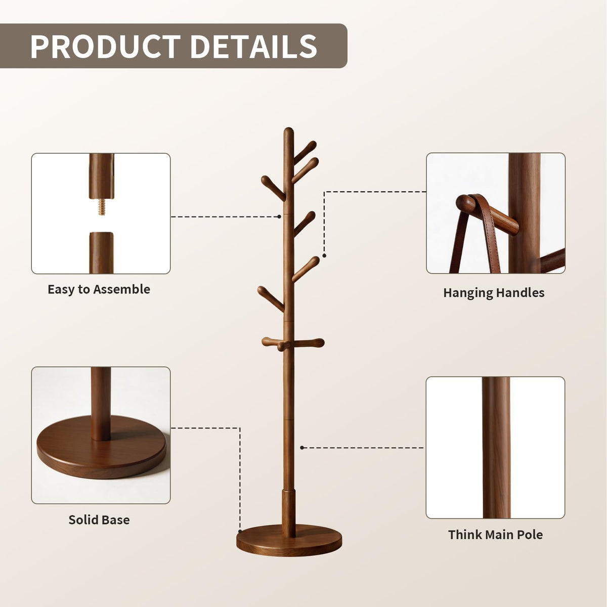 Vcalnil Solid Wood Coat Rack Freestanding with 9 Hooks - Wooden Coat Rack Stand for Entryway, Bedroom, Living Room, Hallway for Coats, Handbags, Hat (Walnut)
