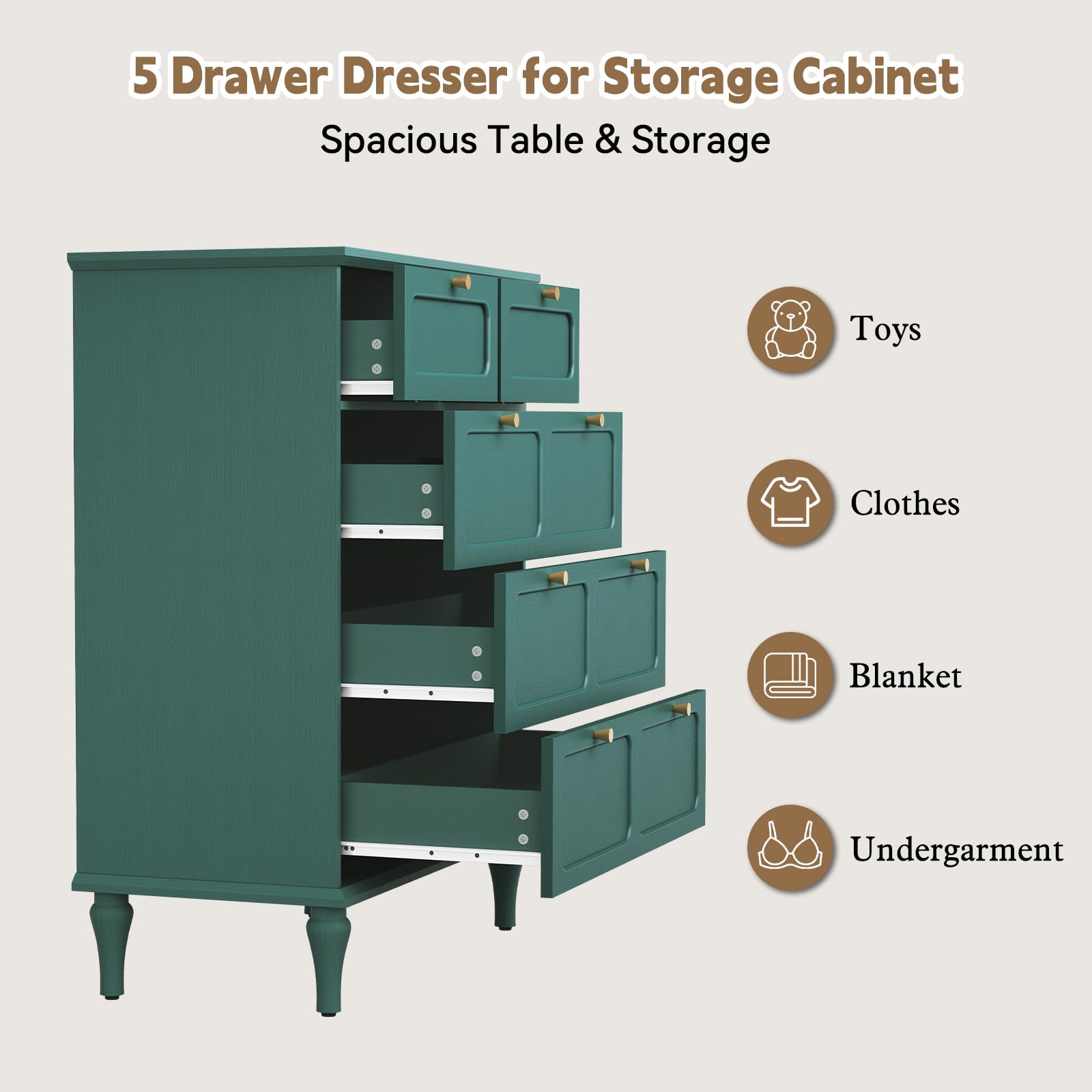 ARTPOWER 5 Drawer Dresser for Bedroom, Tall Dressers & Chests of Drawers with Solid Wood Legs and Brass Handles, Vertical Storage Organizer for Living Rooms, Hallway, Entryways, Offices, Green