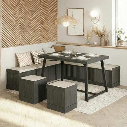 L-Shaped Corner Dining Table Set with Bench & Storage