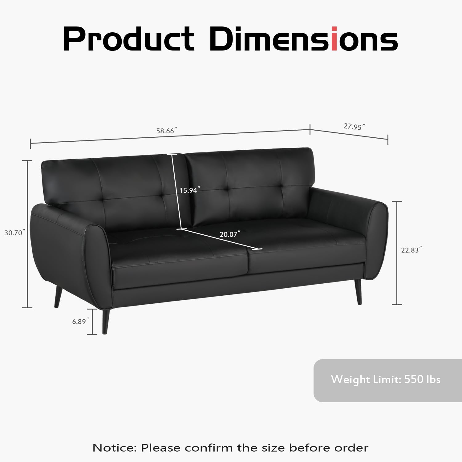VAMEPOLE 60" Loveseat Sofa for Living Room, Mid Century Mini Black Couch, Tufted Leather Love Seat Furniture, Comfy Office 2 Seat, Small Couches for Small Spaces, Bedroom, Apartment