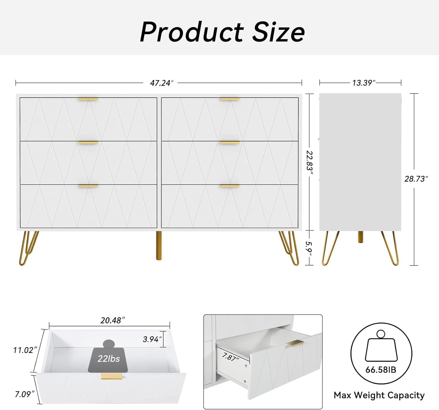 Anbuy Bedroom Sets White Sets 3 Piece, Night Stand Sets and 6 Drawer Dresser for Bedroom, Two Drawers Nightstand Set of 2 & 6 Drawer Dresser Combo 3 Pieces (White)