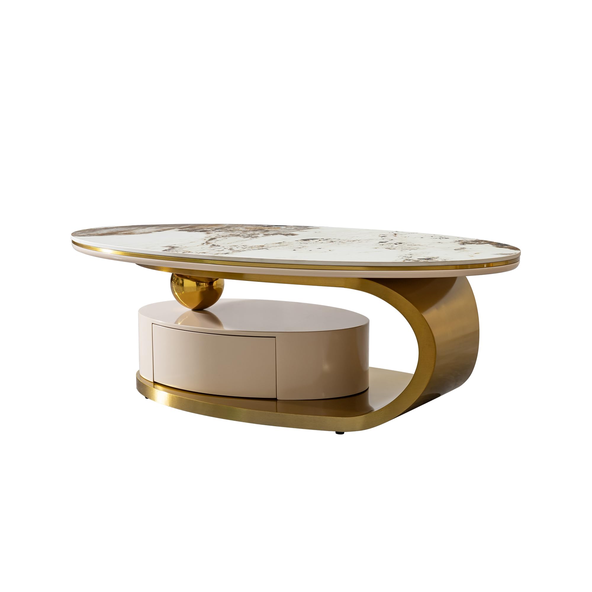 Oval Coffee Table with Faux Stone Top & Gold Steel Base