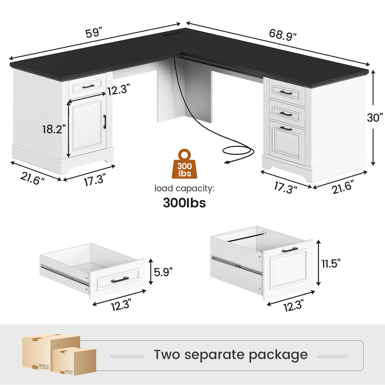 L-Shaped Executive Desk with Drawers & Power Outlet