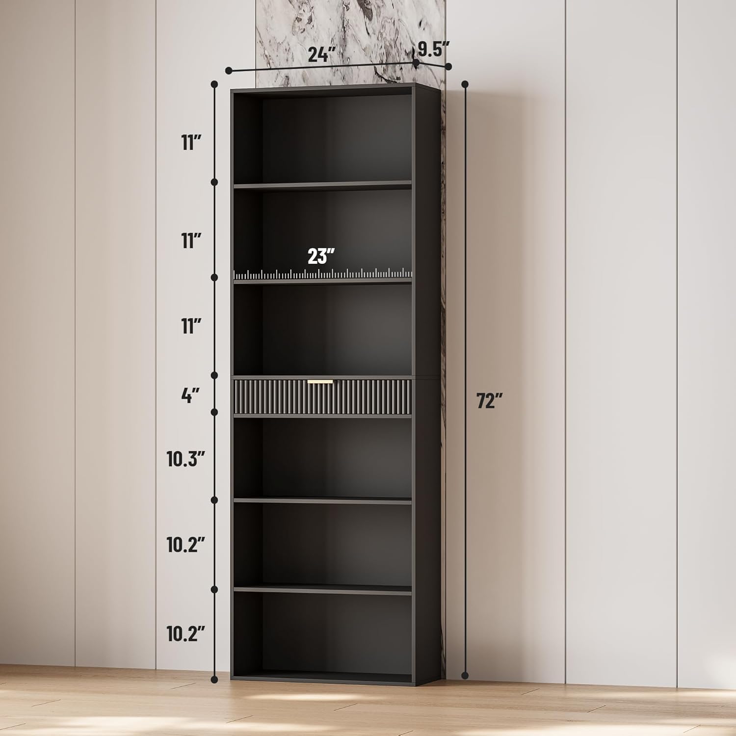 INNOD 7-Tier Bookshelf with Storage, 72" Tall Bookcase with Drawer, Display Book Shelf Book Organizer with Anti-tip Device, Home Decor Wood Furniture for Office, Bedroom, Living Room, Black