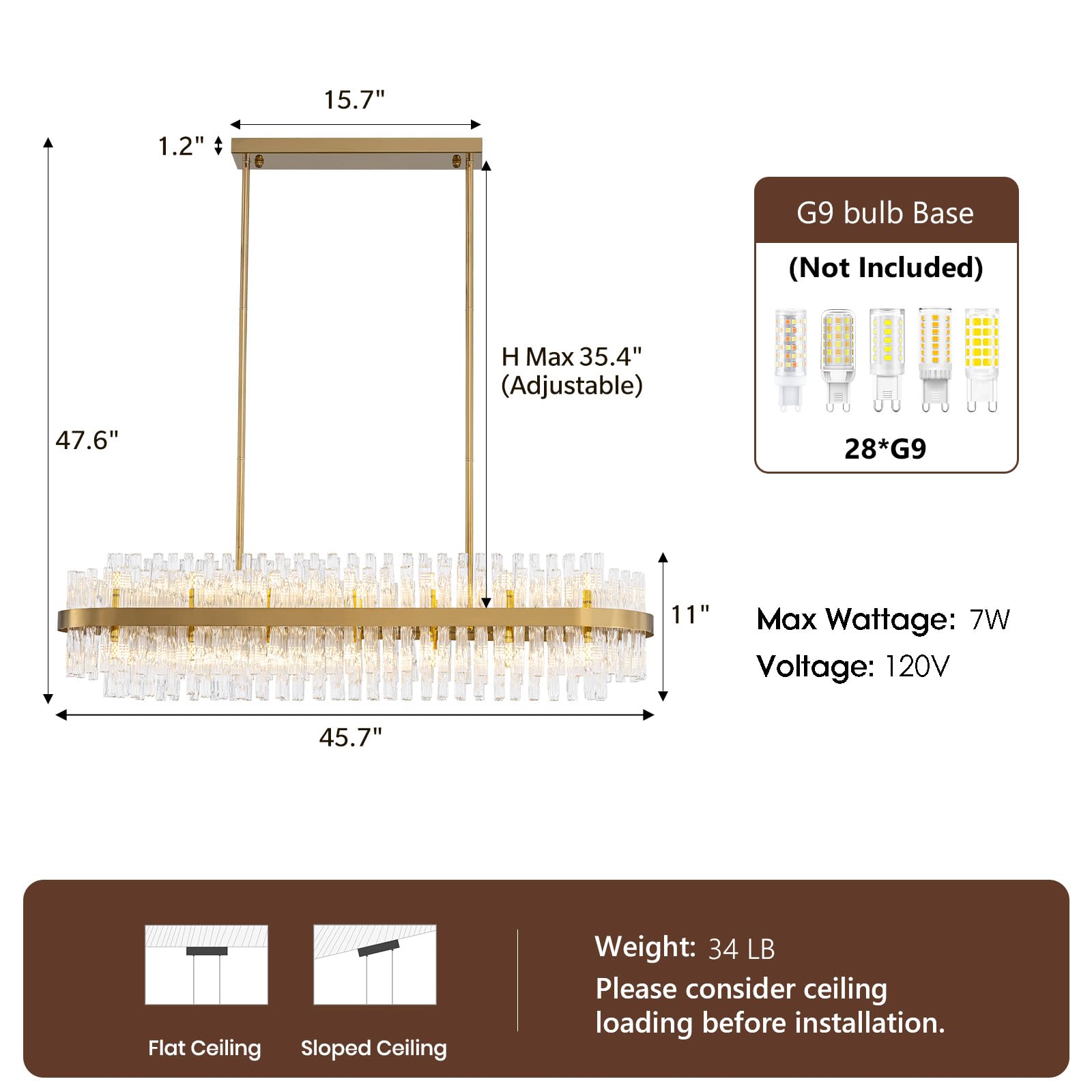 WECHAET 28-Light Modern Gold Rectangle Chandeliers for Dining Room Kitchen Island Light Fixture, 2 Tiers Wave Crystal Glass Chandelier for Living Room, L45.7''