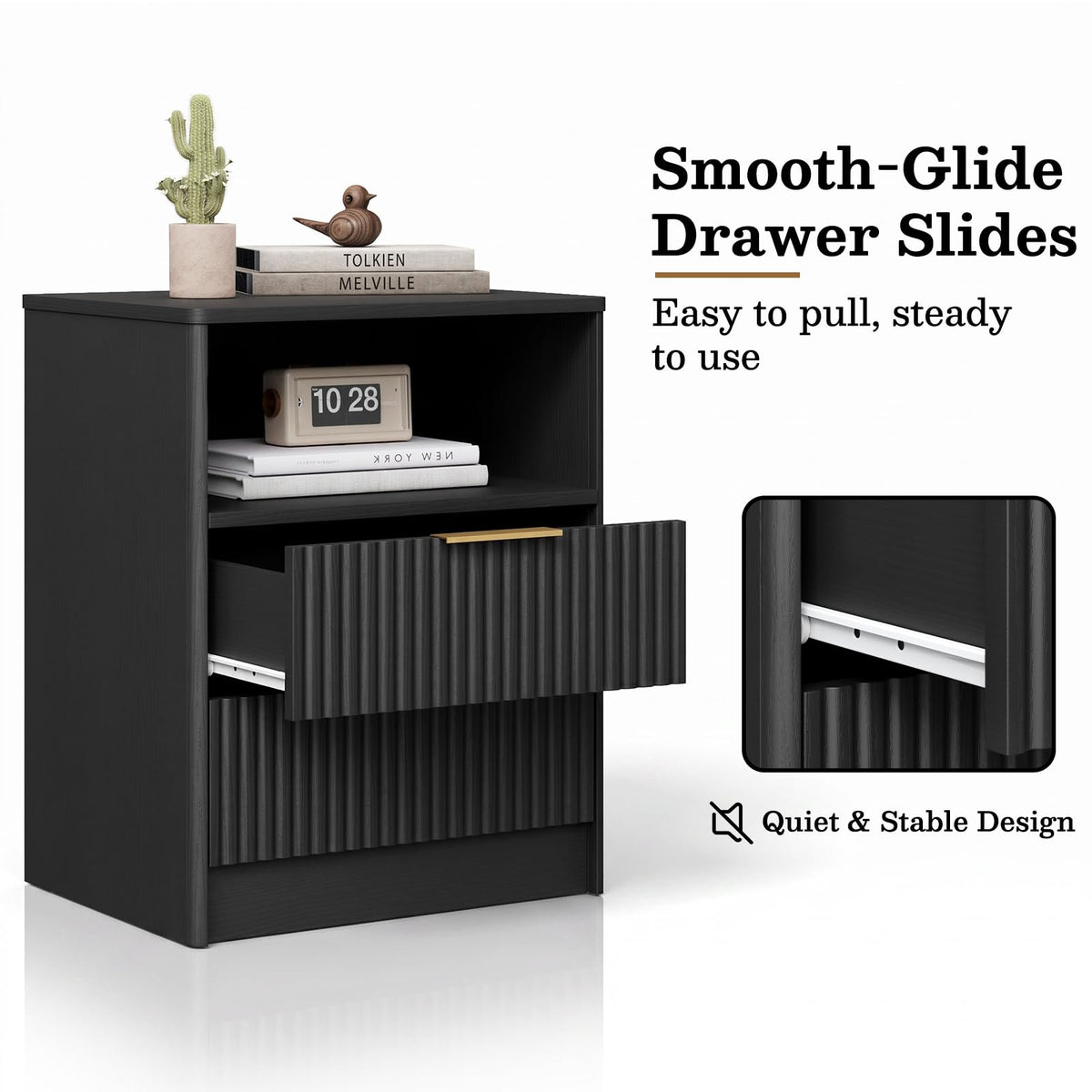 Black Fluted Nightstands Set of 2