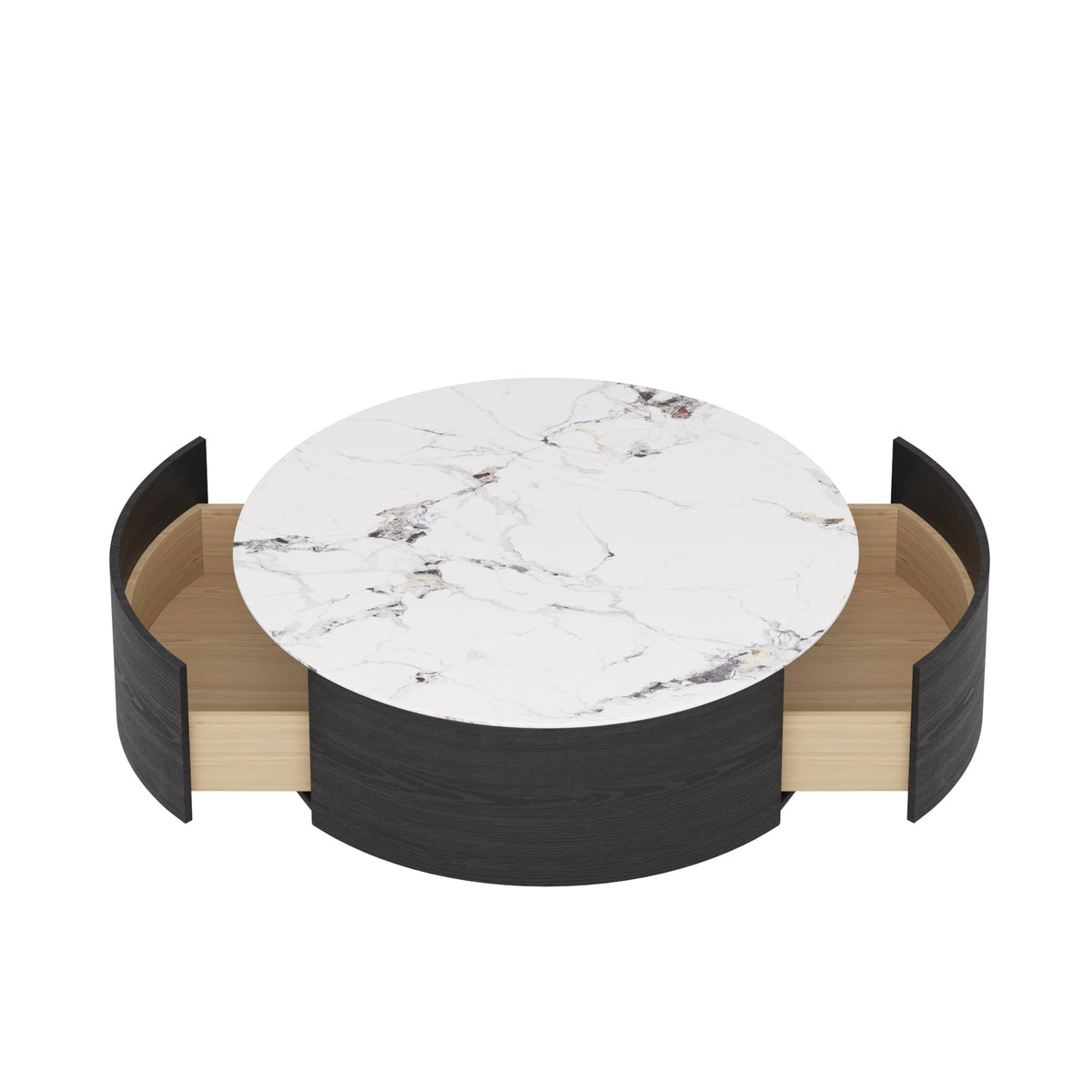 Sdorens Modern Round Coffee Table with 2 Drawers, Sintered Stone Tabletop and Golden Base, Center Table for Living Room, Fully Assembled, Black End Table 33.4"