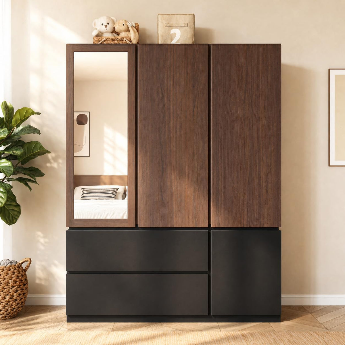 3-Door Mirrored Wardrobe with Drawers