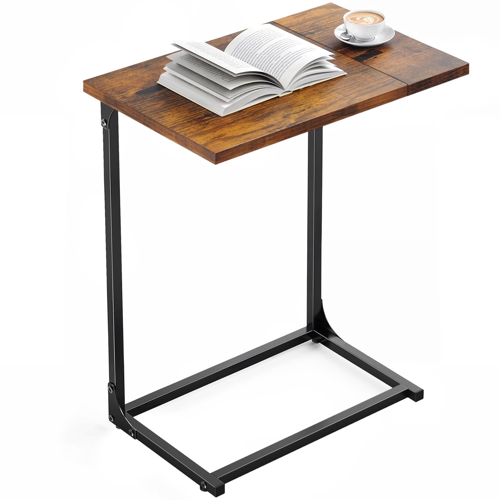 Pipishell C-Shaped Side Table, C Table for Sofa with Two-Piece Desktop & Metal Frame, Large Surface End Table for Living Room, Bedroom, Beside, and Home Office, Rustic Design