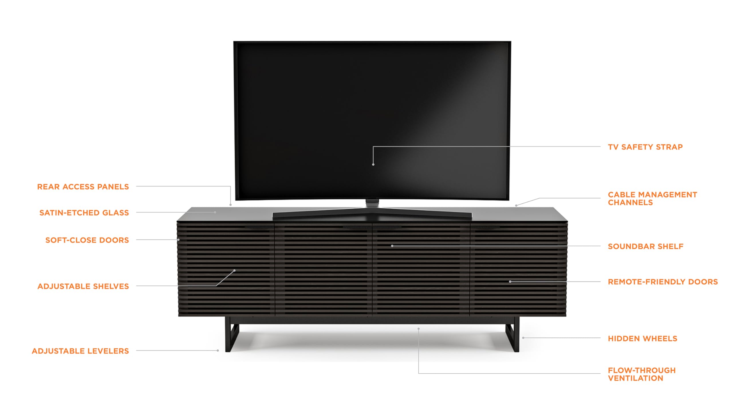 BDI Furniture Corridor 8179-79.25'' TV Stand for TVs up to 85" with Soundbar Shelf, Storage Drawer, Cable Management, Remote-Friendly Louver Doors, Charcoal Stained Ash