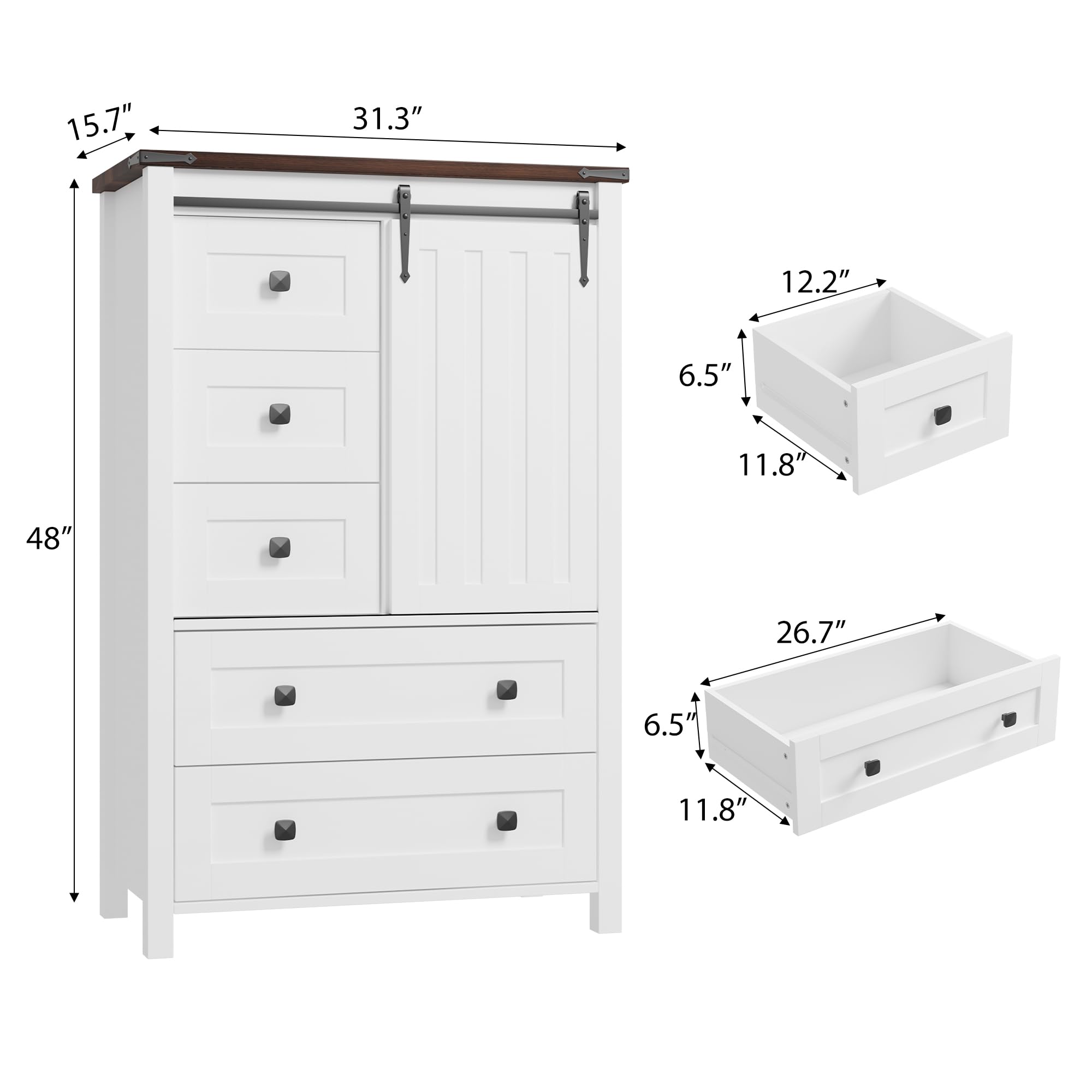 GarveeHome Farmhouse 5 Drawer Dresser for Bedroom, 48 in Tall Wood Dresser Chest of Drawer with Sliding Barn Door, Adjustable Shelf, Storage Organizer for Bedroom, Hallway, Living Room, Kitchen, White