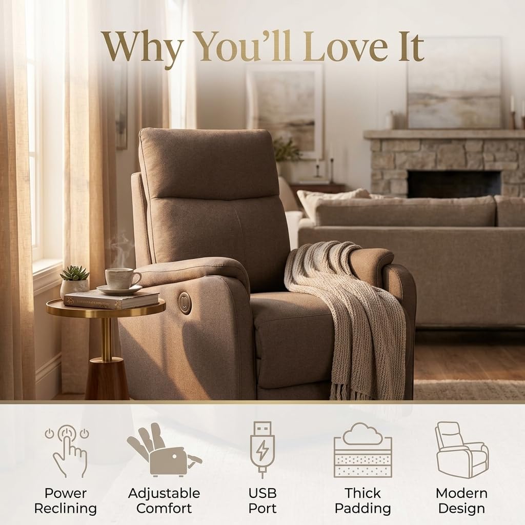Electric Power Recliner Chair with USB Port, Dark Greyish Brown Fabric Single Sofa for Small Spaces, Ergonomic Lounge Chair with Padded Armrests for Living Room, Bedroom, 30" W x 35.4" D x 39.8" H