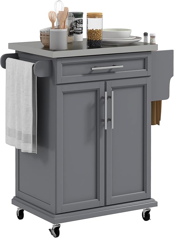 Rolling Kitchen Island with Stainless Steel Countertop