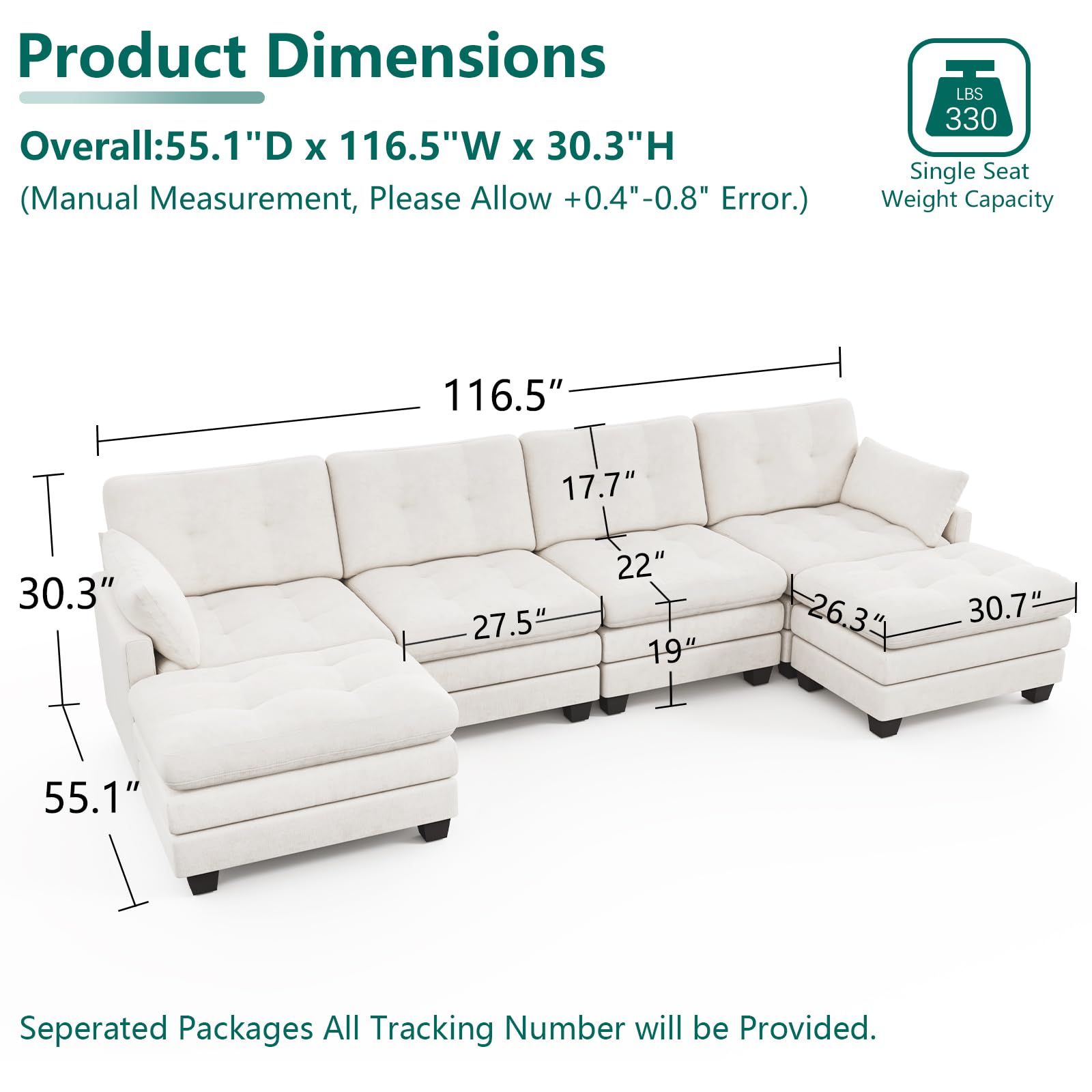 Modular Sectional U Shaped Sofas Couches for Living Room, Tufted Cloud Couch with 2 Movable Ottomans, Comfy Chenille Deep Seat Sofa with Soft Pillows for Bedroom and Apartment, Beige