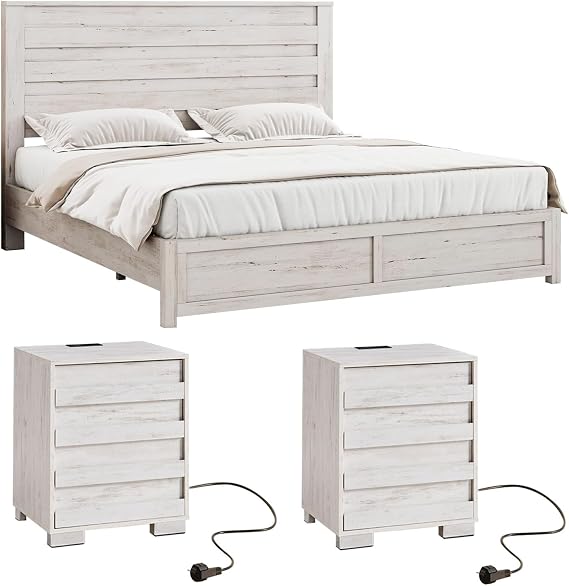Farmhouse Platform Bed Frame & Nightstand Set of 2 with Charging Station