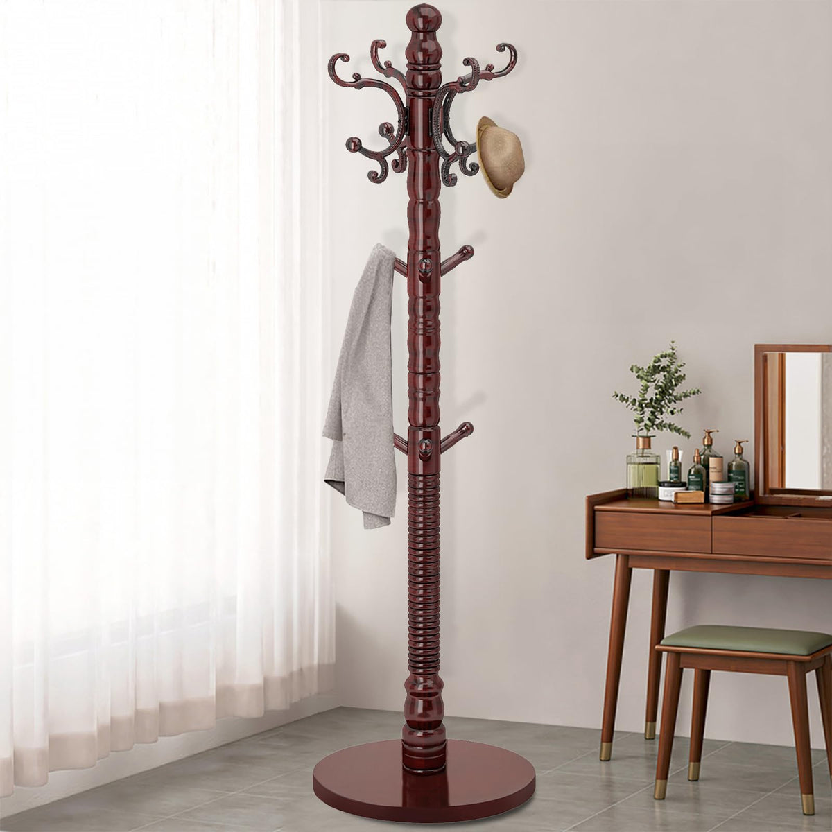 Adjustable Wood Coat Rack with 14 Hooks