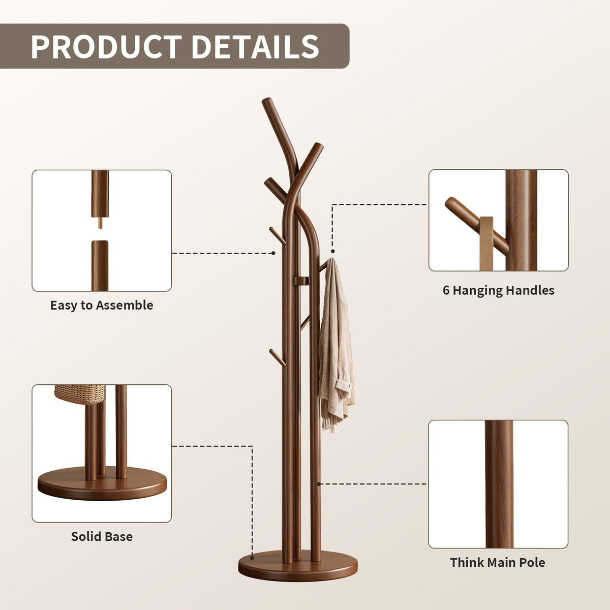 Solid Wood 9-Hook Coat Rack