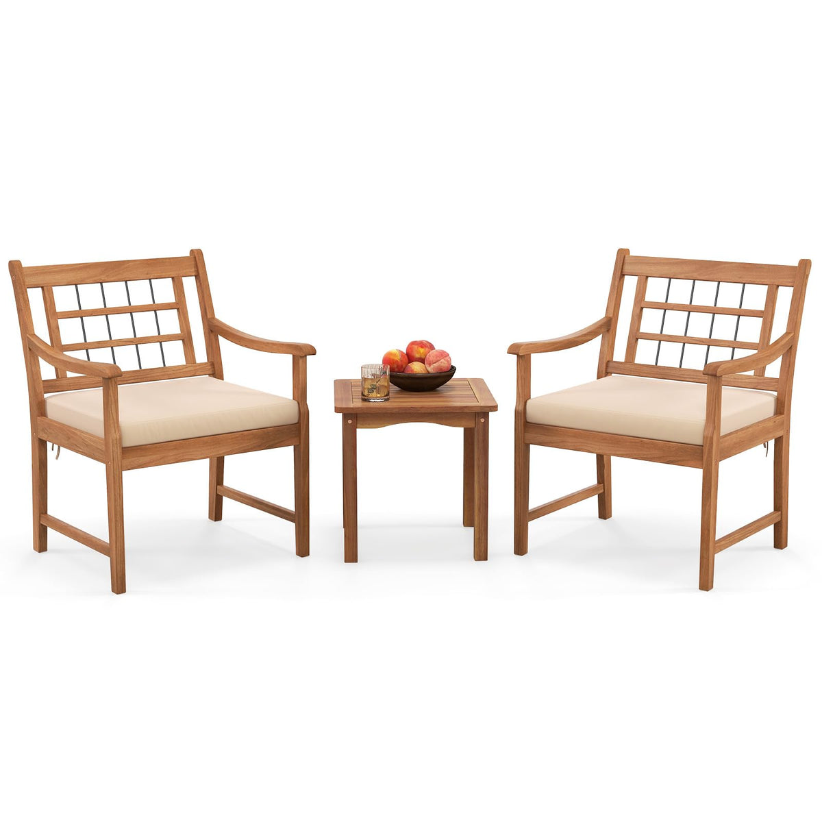 Tangkula 3 Piece Wood Patio Furniture Set, Outdoor Bistro Set w/Soft Seat Cushions, Solid Acacia Wood Frame, 2 Armchairs & Coffee Table Set for Backyard, Porch, Poolside (Off White)