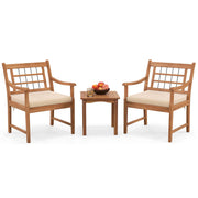 Tangkula 3 Piece Wood Patio Furniture Set, Outdoor Bistro Set w/Soft Seat Cushions, Solid Acacia Wood Frame, 2 Armchairs & Coffee Table Set for Backyard, Porch, Poolside (Off White)