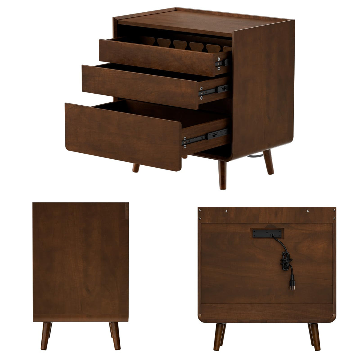 25.43" Walnut Finish Nightstand with Charging Station Night Stand with Leg