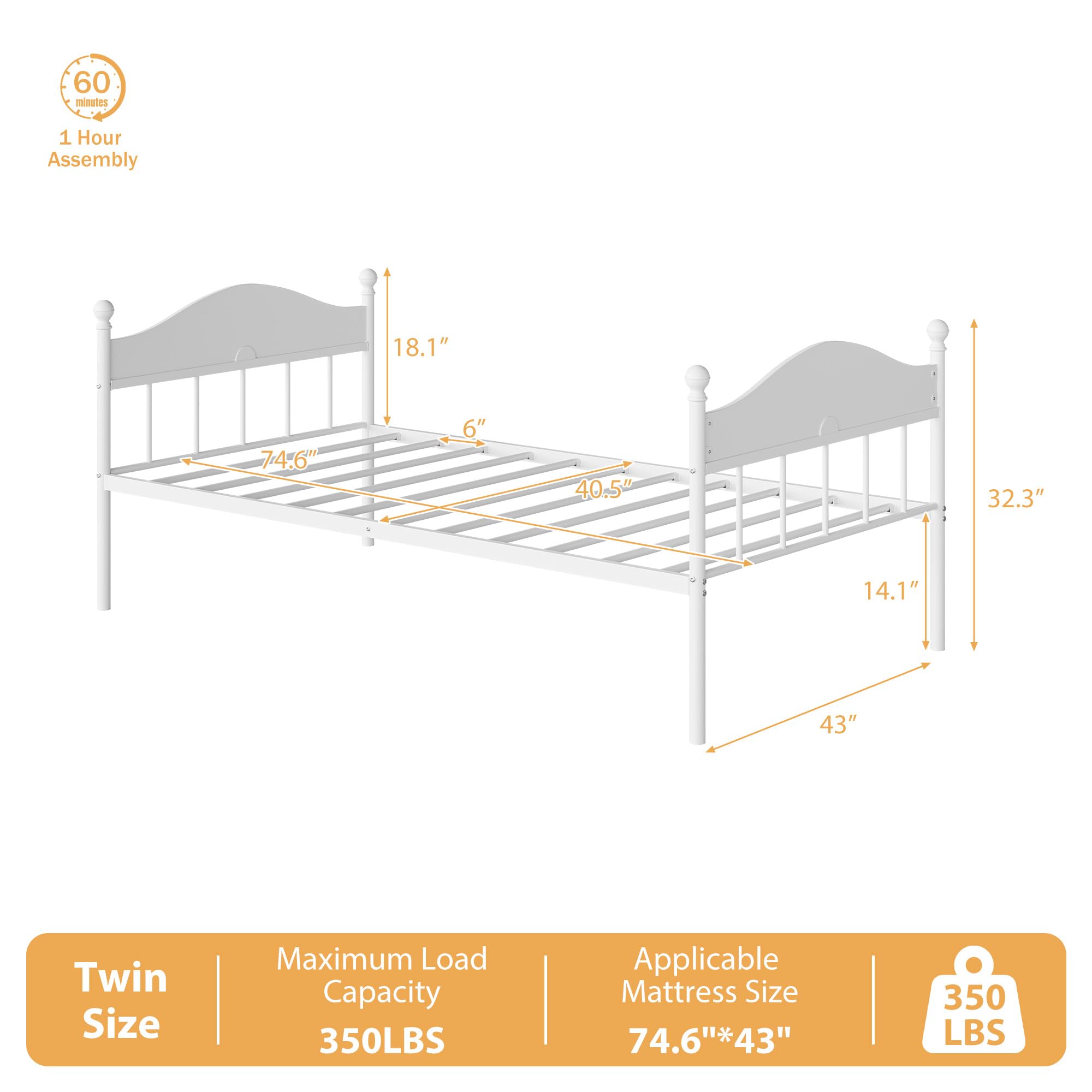 Garvee Twin Daybed, Metal Day Bed with Stylish Headboard, Heavy Duty Steel Slats Platform for Living Room, Under-Bed Storage Space, Bedroom and Guest Room, White