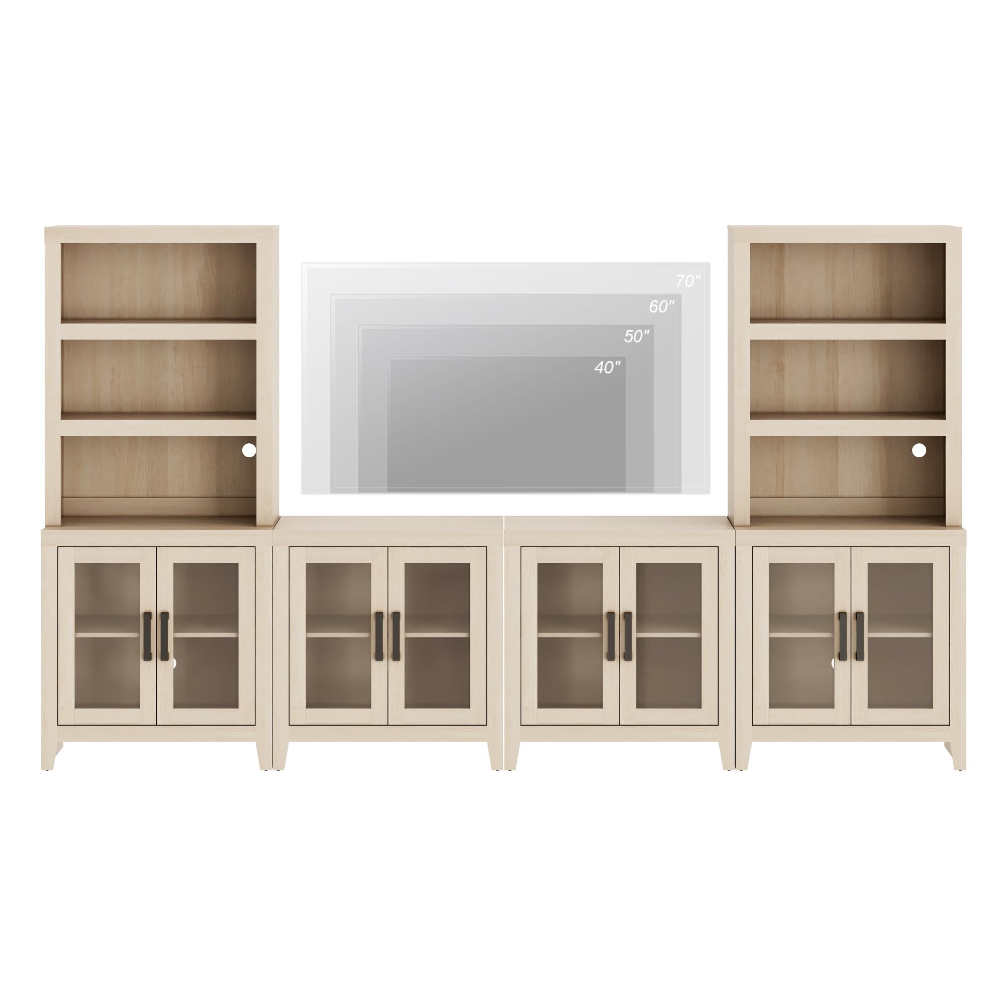 WAMPAT Farmhouse Entertainment Center with Bookshelves, 4-Piece Modular TV Stand with Storage Towers, Glass Doors, Open Shelves, Media Console for Living Room, Home Theater, Beige