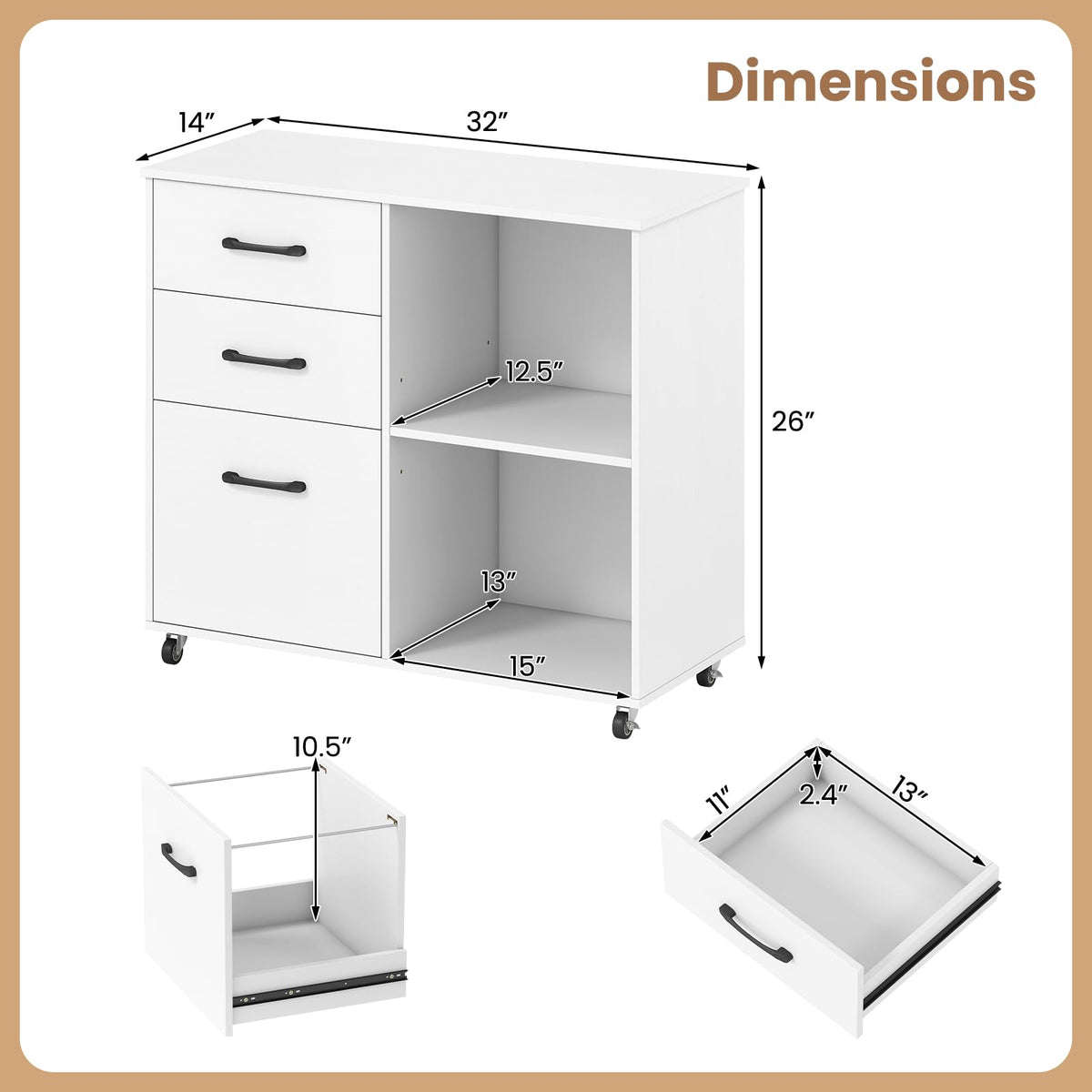 3-Drawer Mobile Filing Cabinet