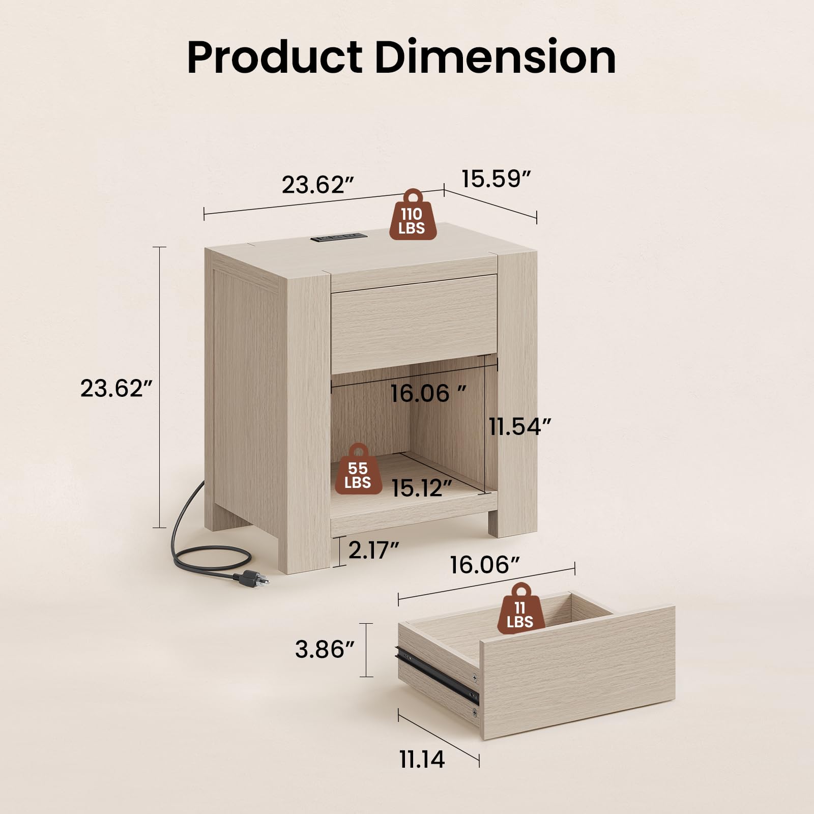 White Oak Nightstand with Charging Station & Drawer