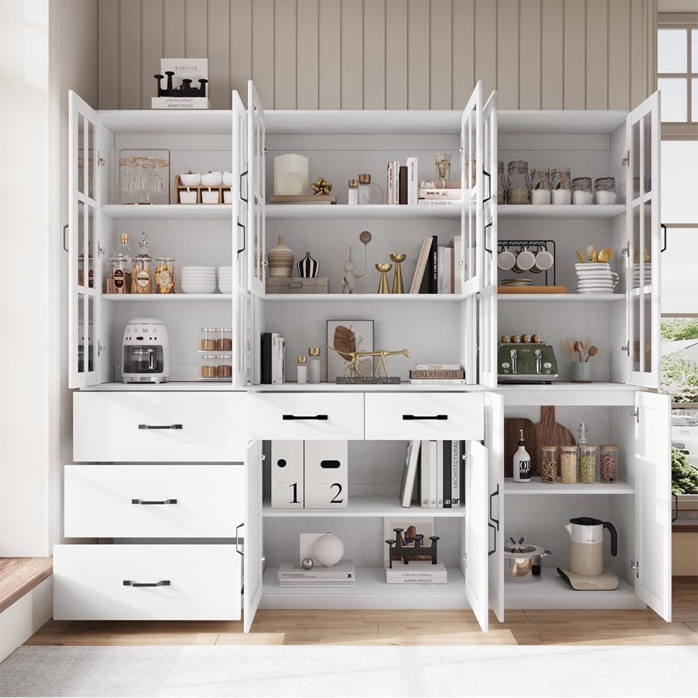 VOWNER Bookcase with Glass Doors, 5-Tier Modern Bookshelf with Large Drawer, Glass Display Cabinet with Large Storage Shelf, Combination Storage Cabinet for Home Office, ABCDE (White)