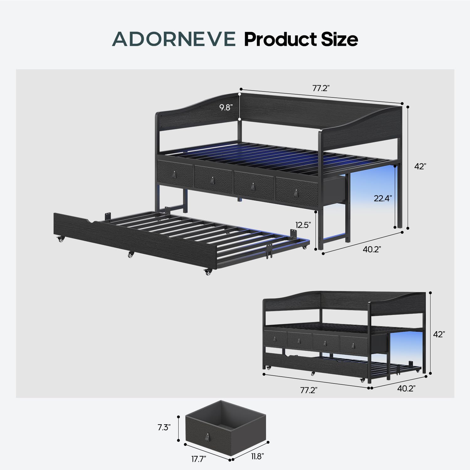 ADORNEVE Twin Daybed with Trundle, Metal Trundle Bed Twin with 4 Storage Drawers and LED Light, Sofa Day Bed Frame with Strong Supports for Living Room, Bedroom and Guest Room, Black