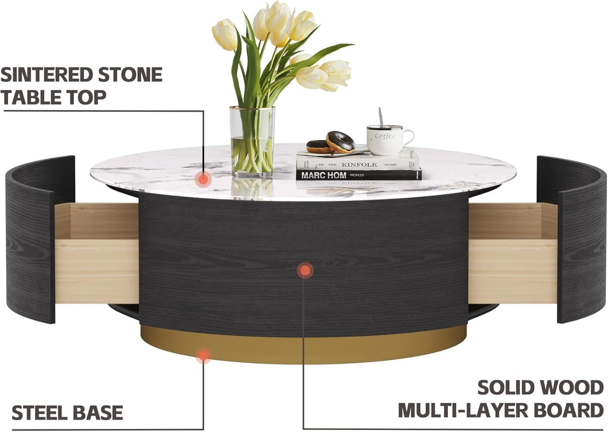 Sdorens Modern Round Coffee Table with 2 Drawers, Sintered Stone Tabletop and Golden Base, Center Table for Living Room, Fully Assembled, Black End Table 33.4"