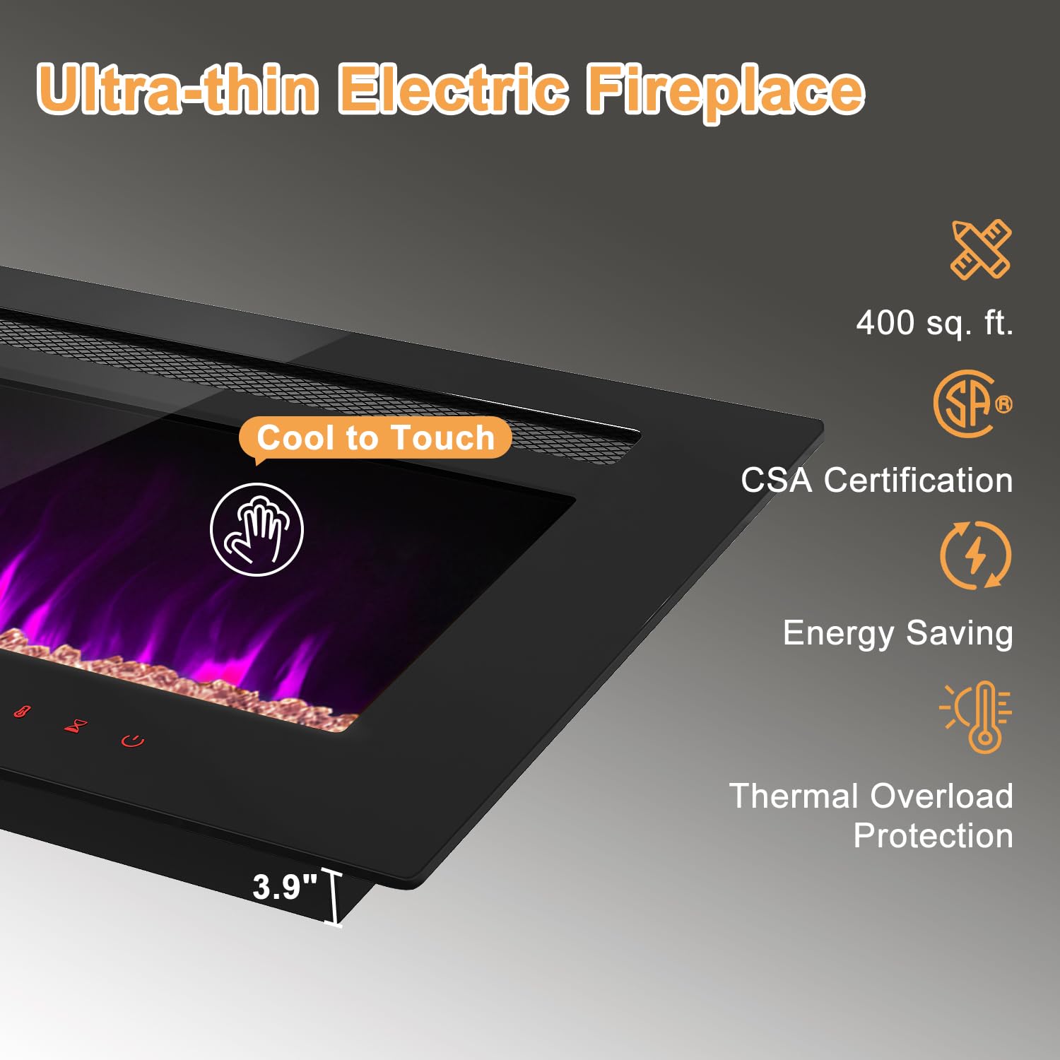 OneBlis Electric Fireplace, 60 inch Wide Recessed/Wall Mounted Electric Fireplace, Remote Control with Timer 12 Adjustable Color Flame, Remote Control, Log Set & Crystal