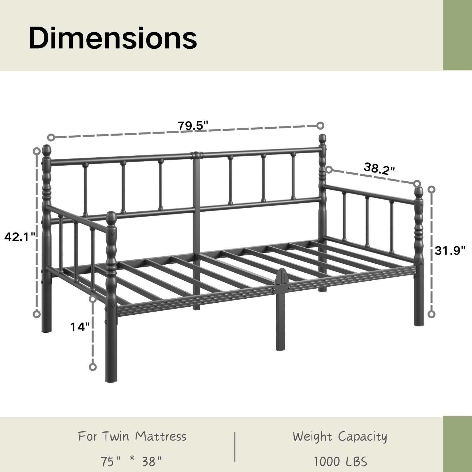 Twin Metal Daybed Frame with Roman Column Headboard