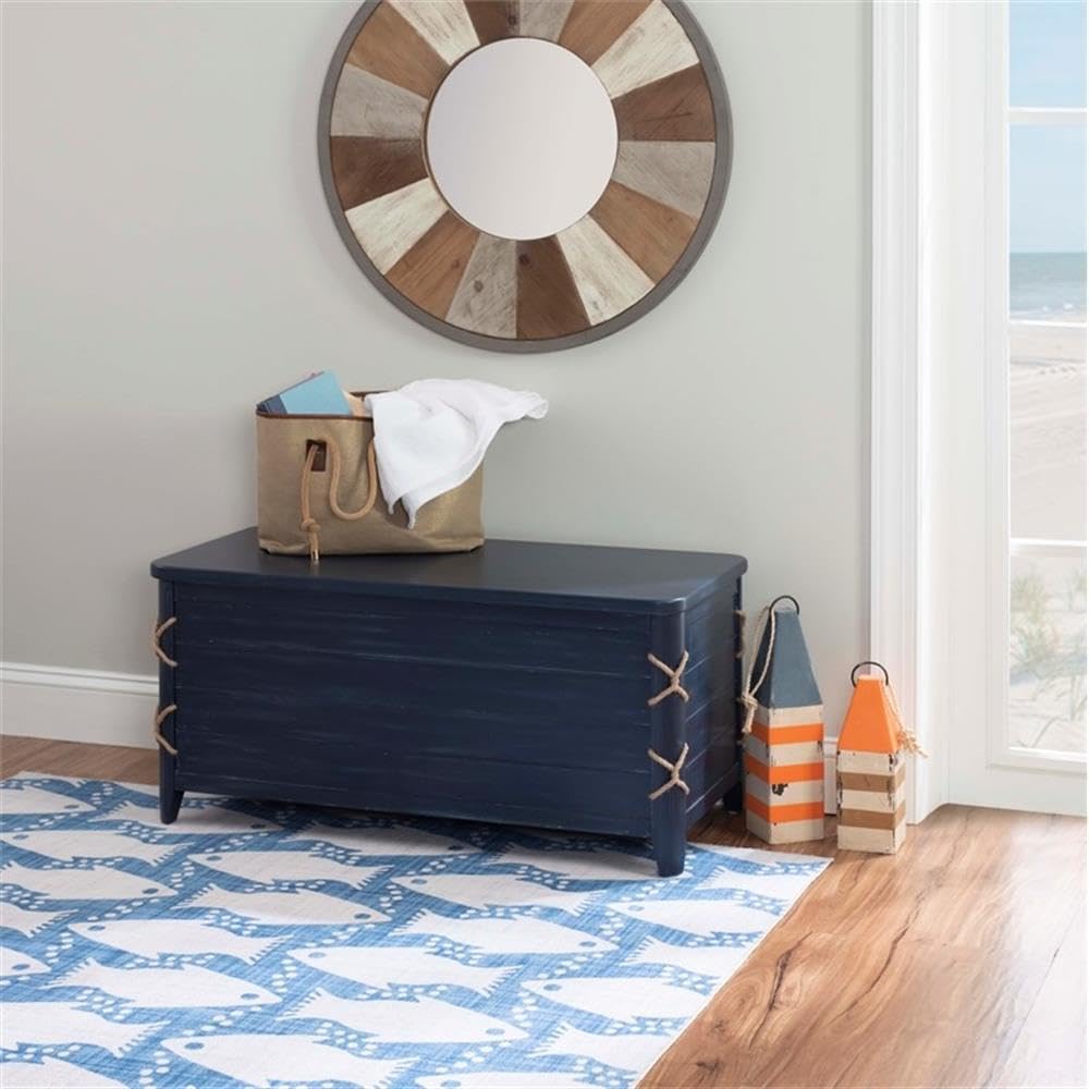 BOWERY HILL Modern Wood Rope Storage Chest, 38" L x 18" D x 18" H, Cedar Lined, Blue Finish, Paneled Design with Rope Trim, Versatile for Blanket Storage, Seating, or Coffee Table Use