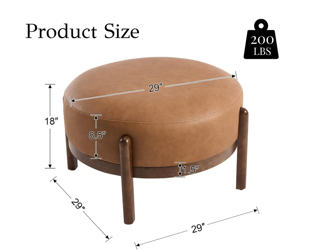EALSON 29" Round Ottoman Modern Leather Upholstered Footstool Mid Century Large Footrest with Wooden Legs Soft Circle Ottoman Coffee Table for Bedroom/Entryway/Living Room/Dorm/Office, Brown