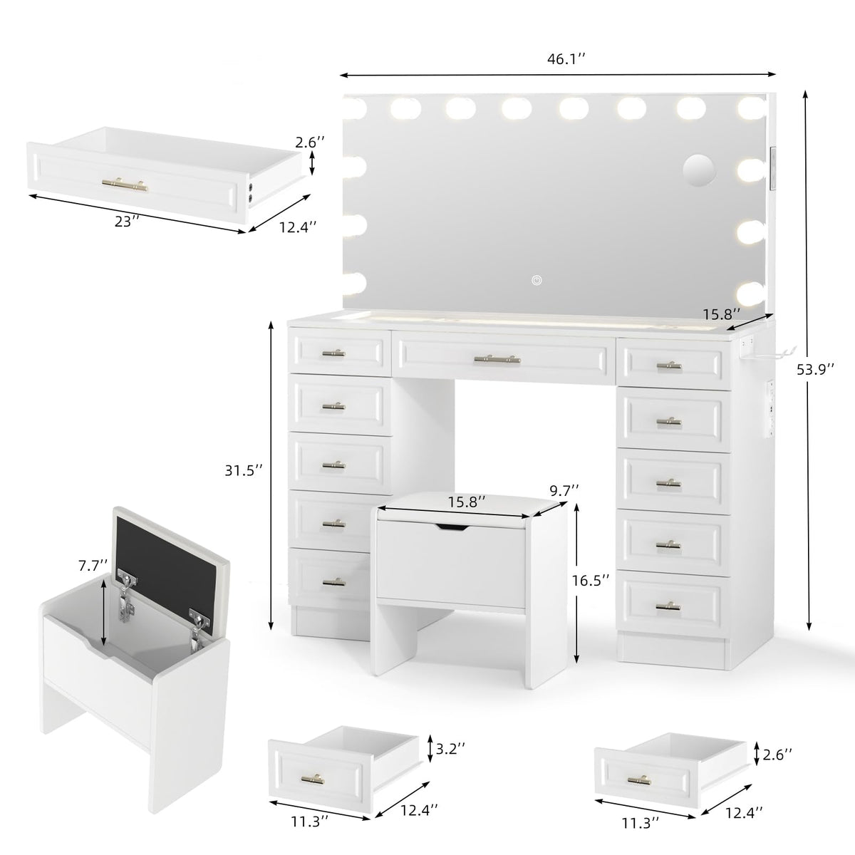 VOWNER Vanity with Lighted Mirror, Makeup Vanity Desk w/Bluetooth Speaker