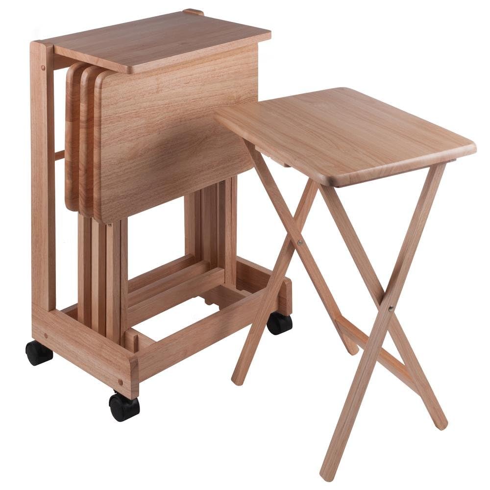 Furnifact Natural Color Solid Wood TV Tray Set – Folding Snack Tables with Stand for Eating, Serving, and Working Comfortably in Any Living Space