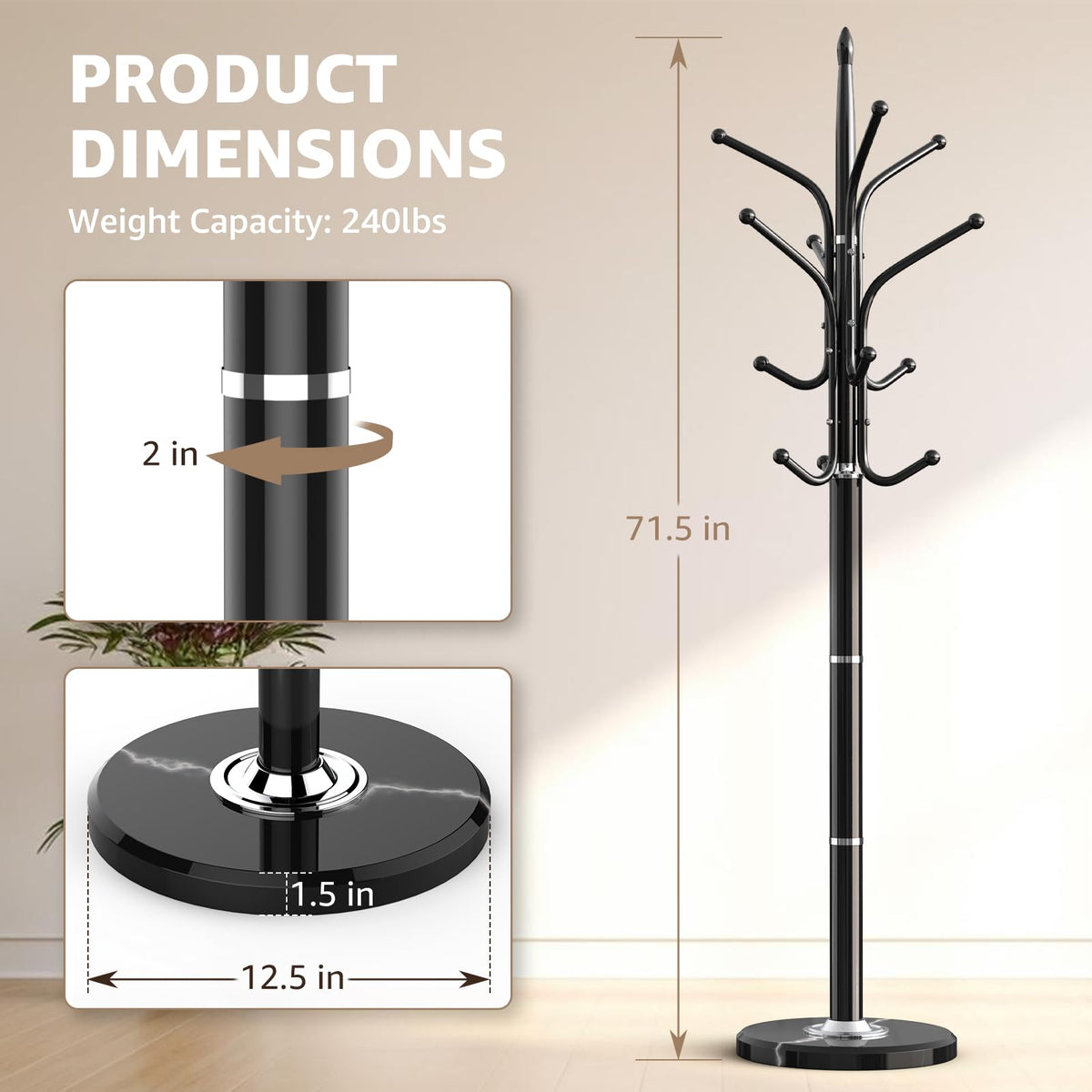 HzTinT Heavy Duty Coat Rack with Marble Base, 12 Hooks, Adjustable Heights