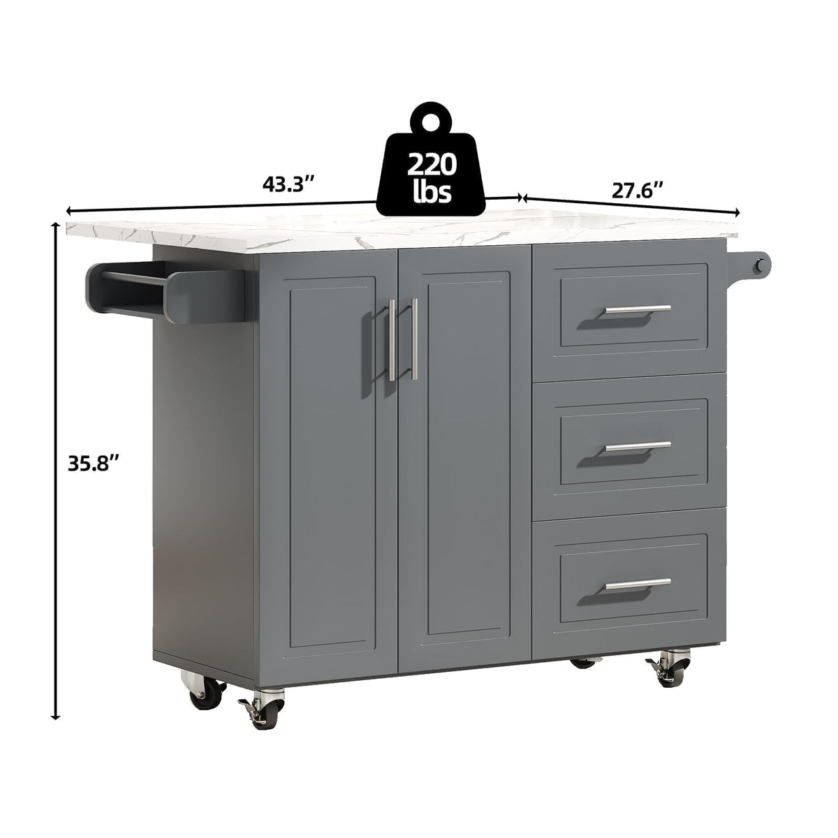 4 EVER WINNER 43" Kitchen Island with Drop Leaf, Rolling Kitchen Island