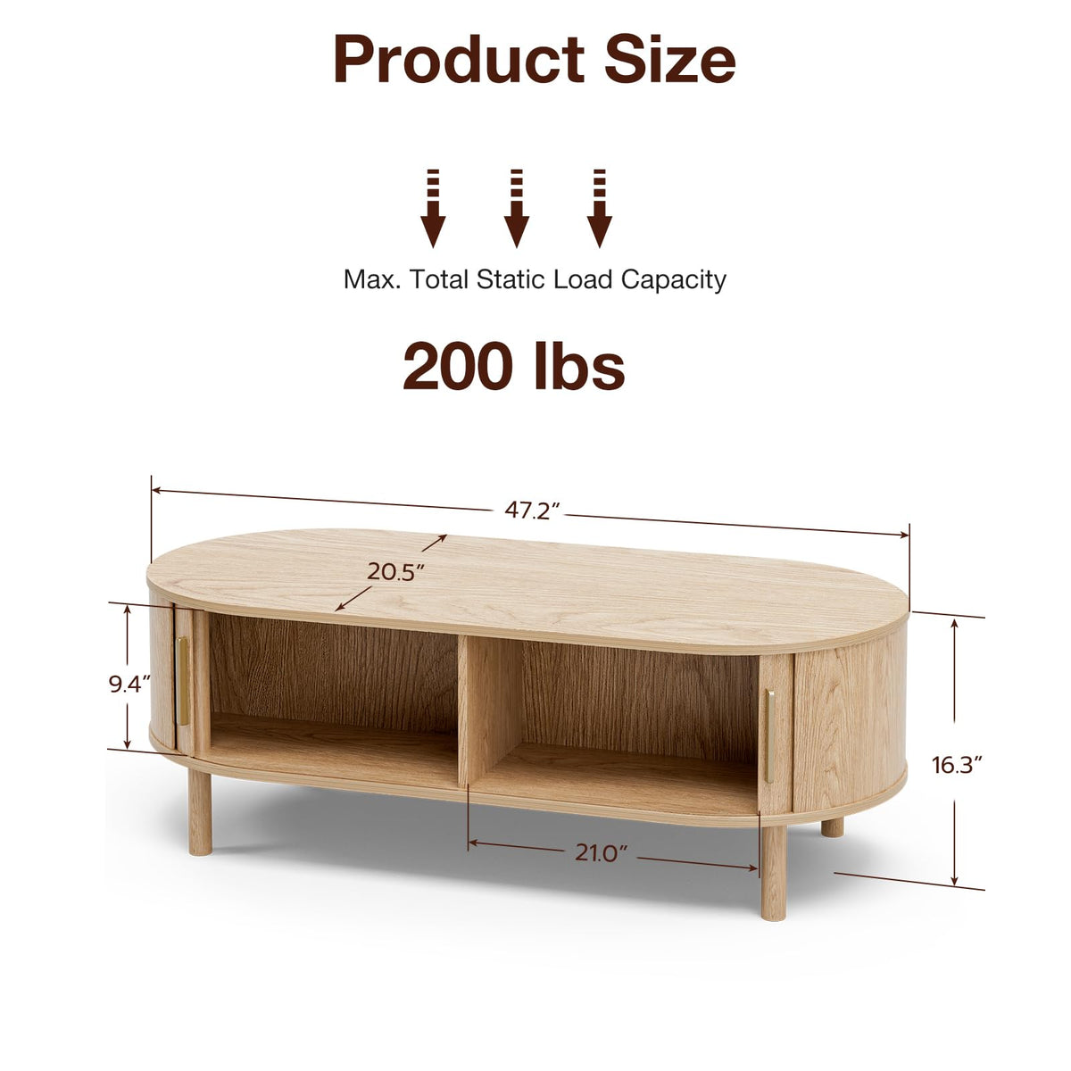 ZttRiee Oval Coffee Table with Sliding Doors, Modern, Natural