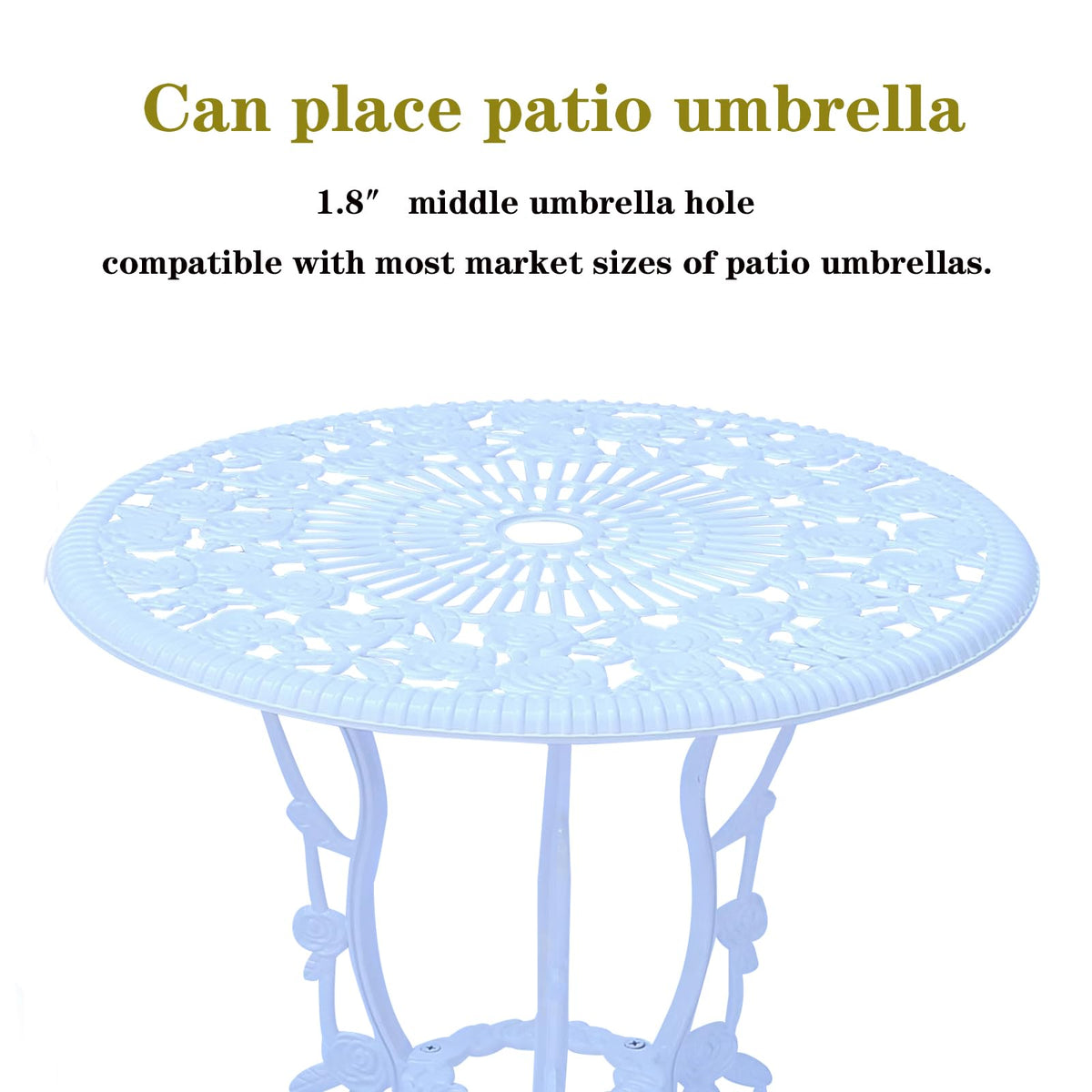 WILOUNGE 3-Piece Cast Aluminum Outdoor Bistro Set, Outdoor Table and Chairs Set of 2 with Umbrella Hole for Patio Garden Park(White, Rose)