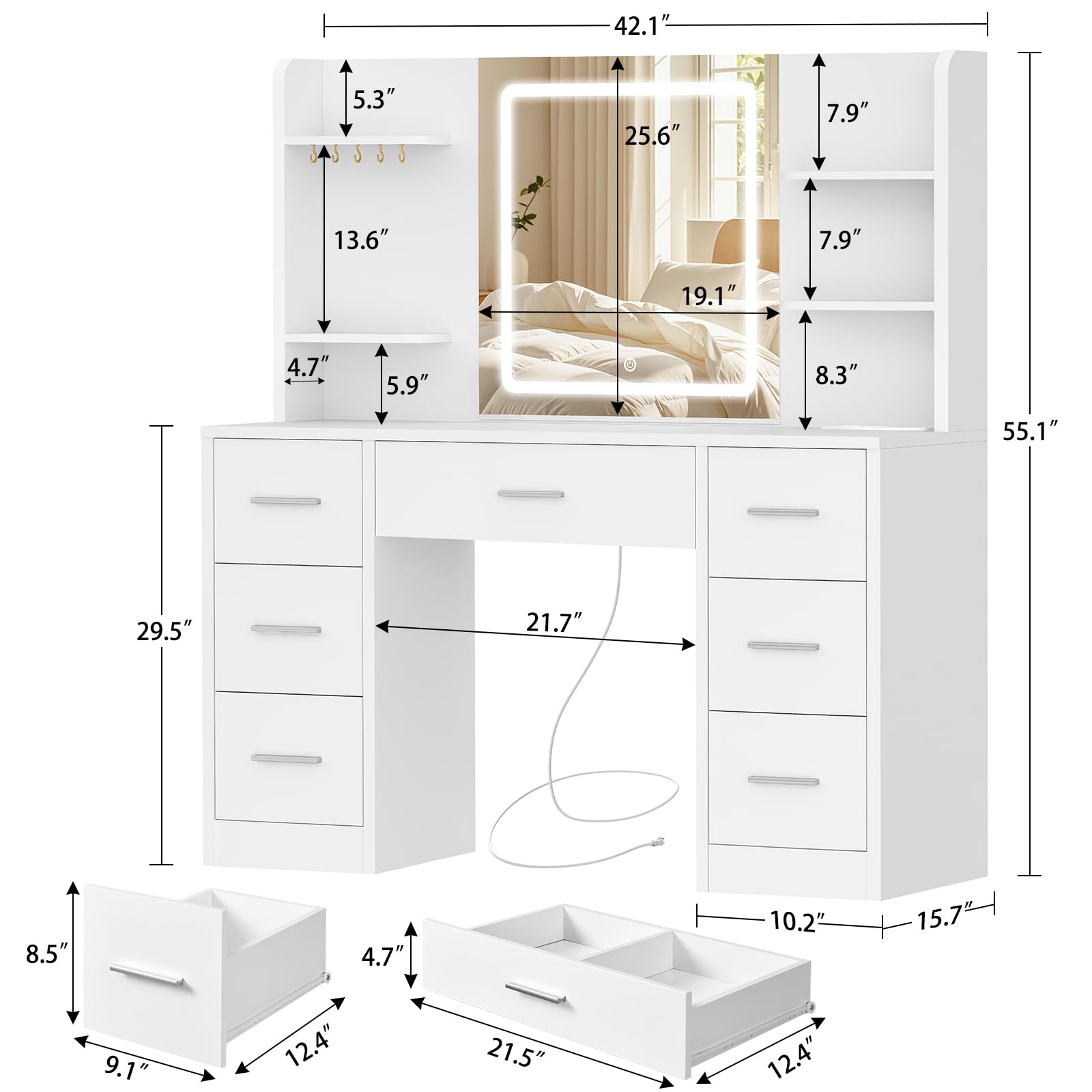 FIONESO Large Vanity Desk with LED Lighted Mirror & Power Outlet, Makeup Vanity Table with 7 Drawers,4 Shelves and 5 Hooks, White Vanity for Bedroom, Bathroom